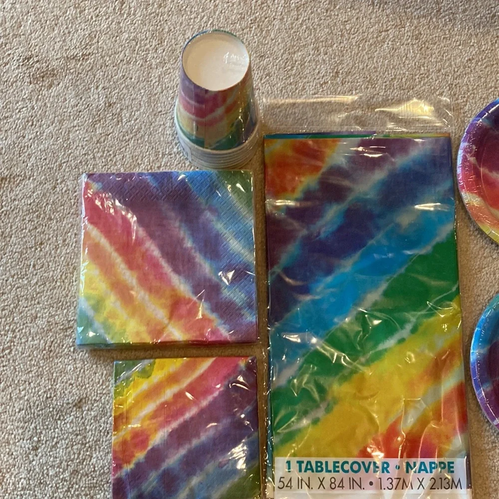 Unique disposable rainbow paper plates, tablecloth, cups, & napkins, multicolor